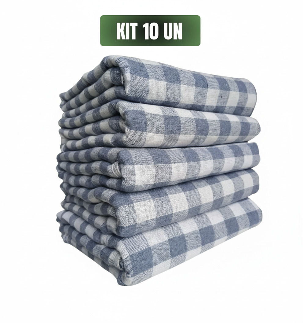 Kit C/ 10 Pano Para Limpeza Grande Xadrez 70x40cm Azul Genérica Pacote