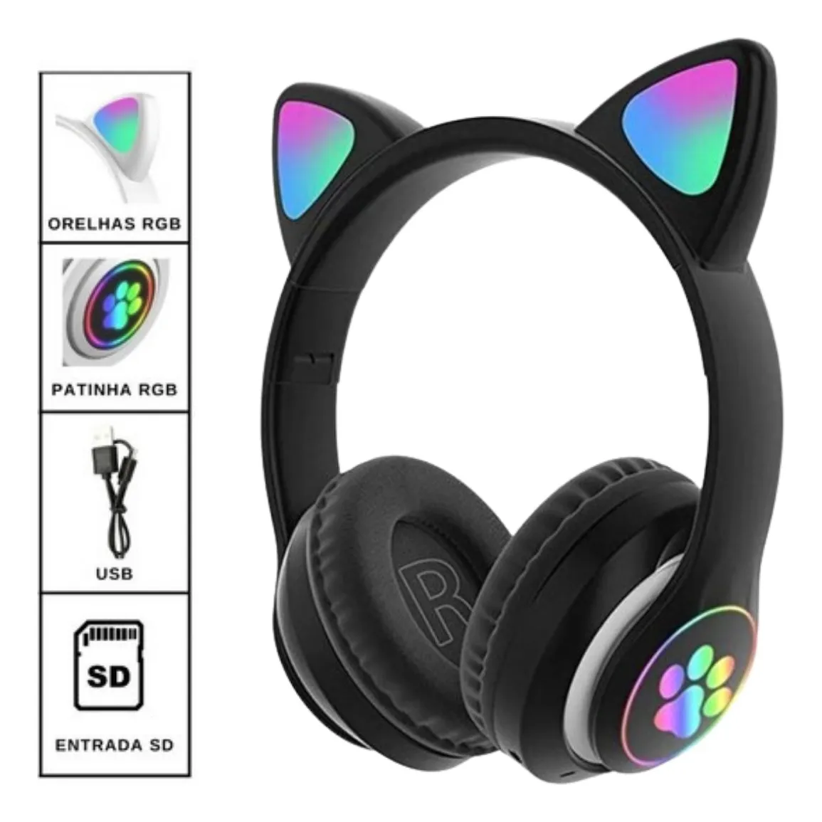 Fone De Ouvido Bluetooth Led Orelha Gato Infantil Headphone