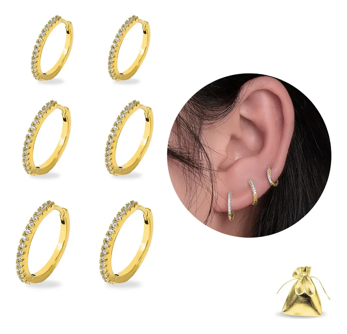 Kit Brincos Trio Argolas Cravejada Zircônia Semijoias Banhada A Ouro