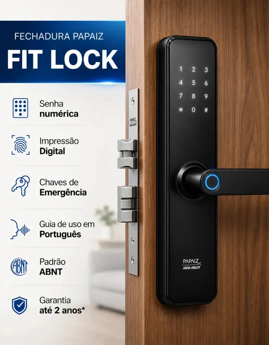 Fechadura Digital Biométrica Papaiz Fit Lock Preta | Senha Biometria Chave ABNT