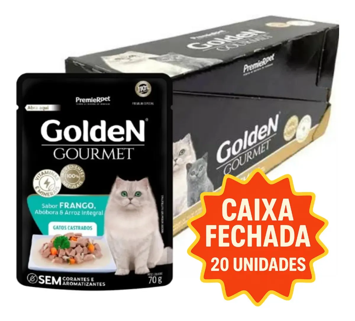 Kit 20 Ração Úmida Golden Gourmet Gatos Castrados Frango 70g