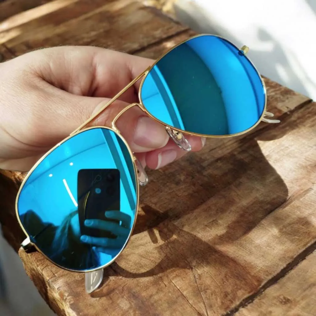 Óculos de Sol Aviador Dourado Azul Espelhado Lentes Cristal Unissex Proteção UV400  Promoção