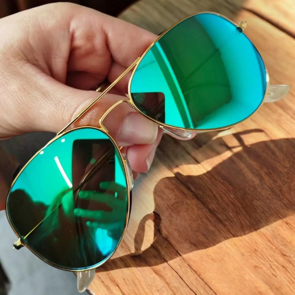 Óculos de Sol Aviador Dourado Verde Espelhado Masculino Feminino Lentes de Cristal Proteção UV400 Moda