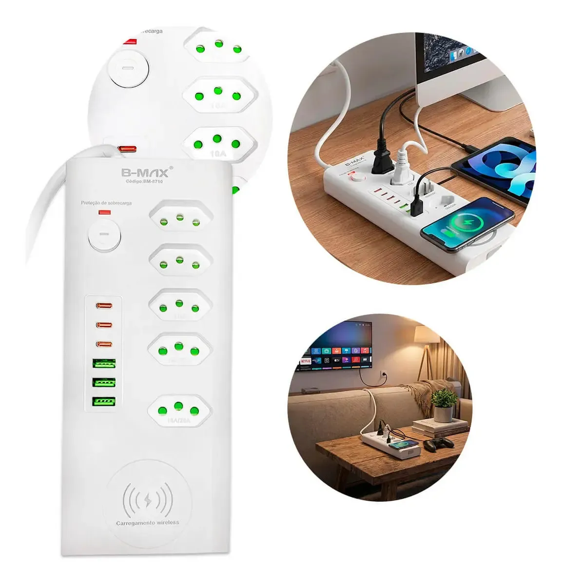 Filtro de Linha B-Max 5 Tomadas 2m 3 USB Carregamento Wireless