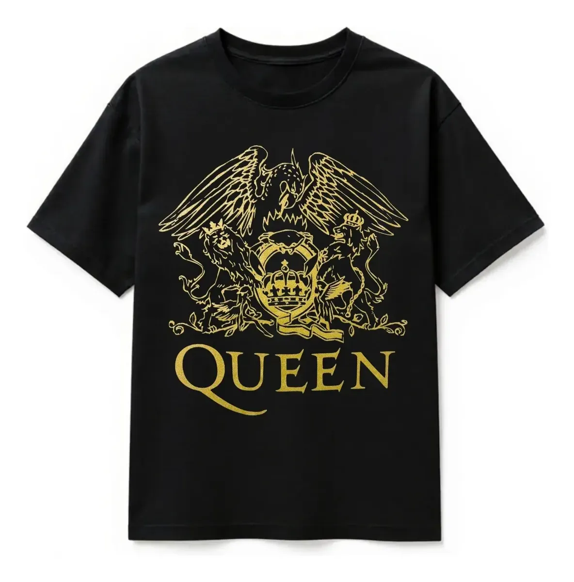 Camiseta Plus Size Queen Dourado Preta Banda De Rock Unissex