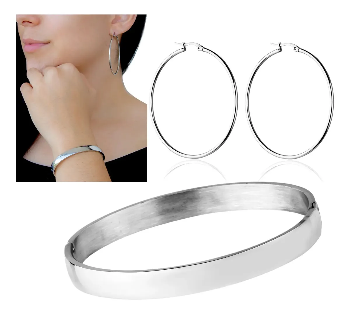 Conjunto Brinco Argola Lisa E Bracelete Aço Inox 316l Prata