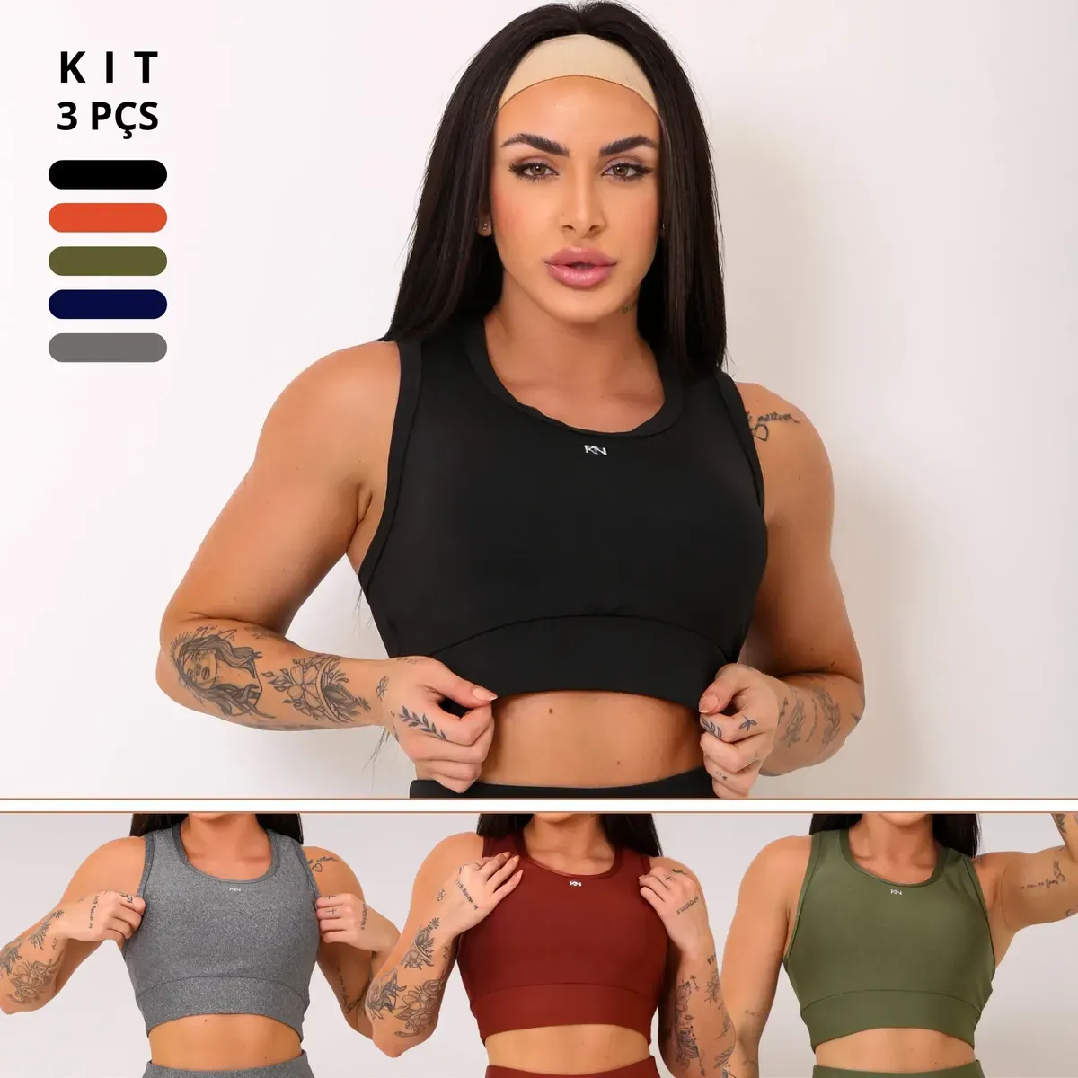 Kit 3 Tops Esportivos Alta Sustentação Fitness Koenig