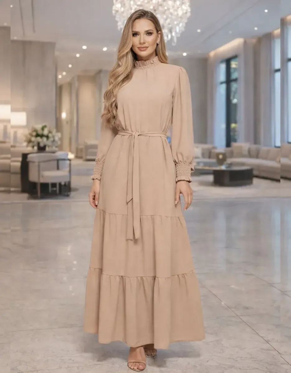 Vestido Longo Feminino Manga Longa Gola Alta Evangélico Luxo