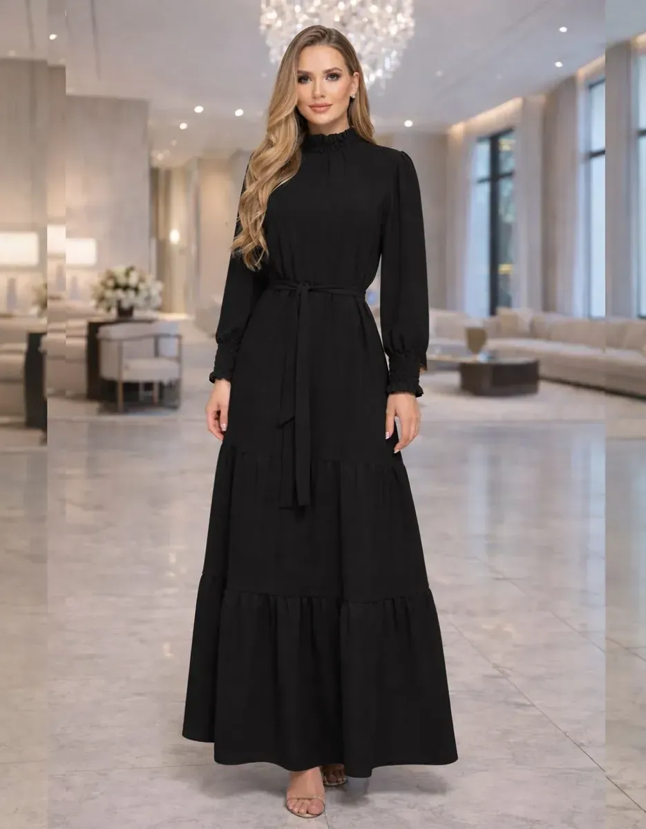 Vestido Longo Feminino Manga Longa Gola Alta Evangélico Luxo