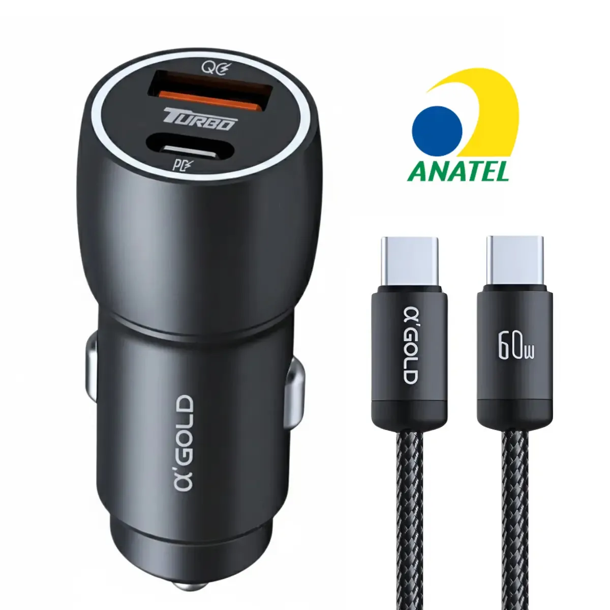 Carregador Veicular Turbo 60w Usb-c  Duas Portas Usb 3.0