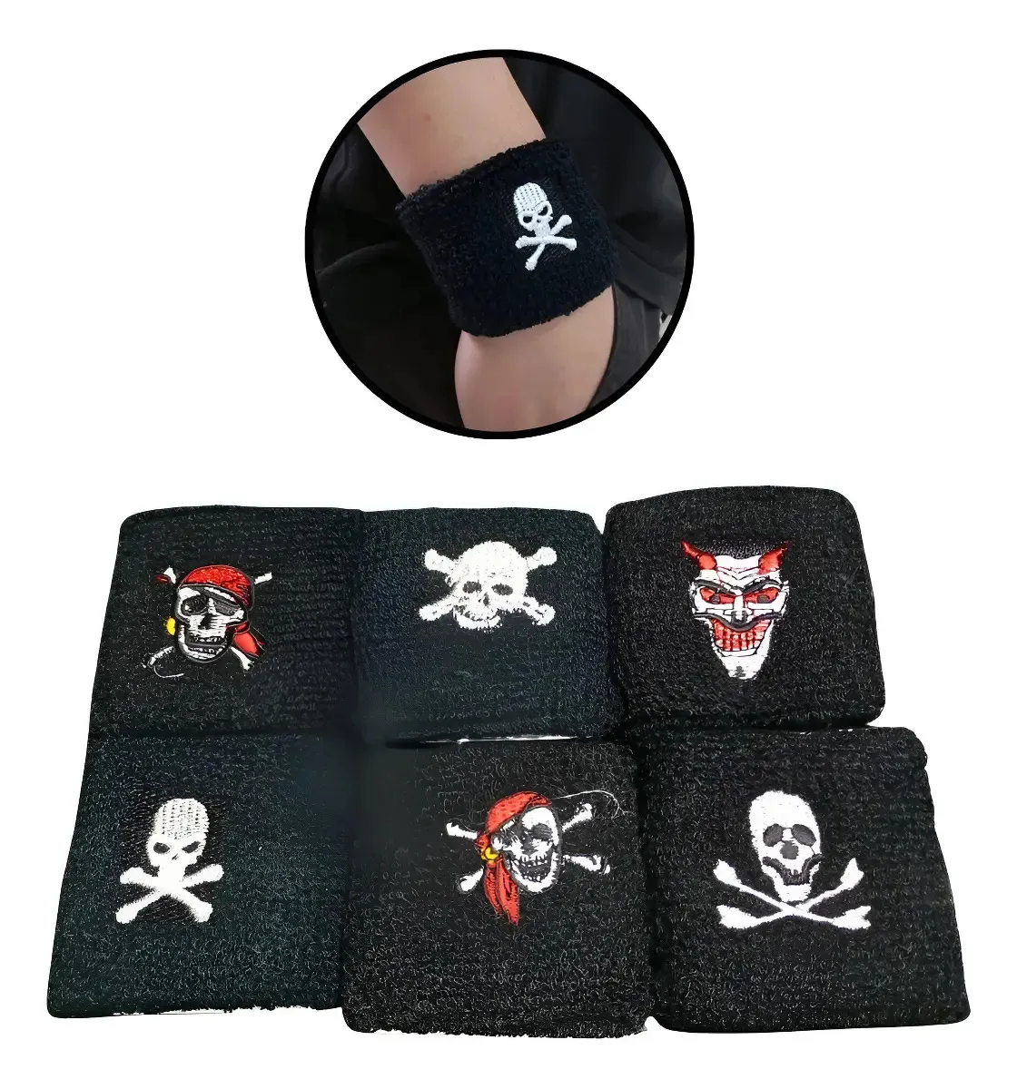 Kit 12 Pulseiras Munhequeiras Rock Caveiras Crânio Atacado Comprimento 5 Cm Cor Preto Diâmetro 5 Cm