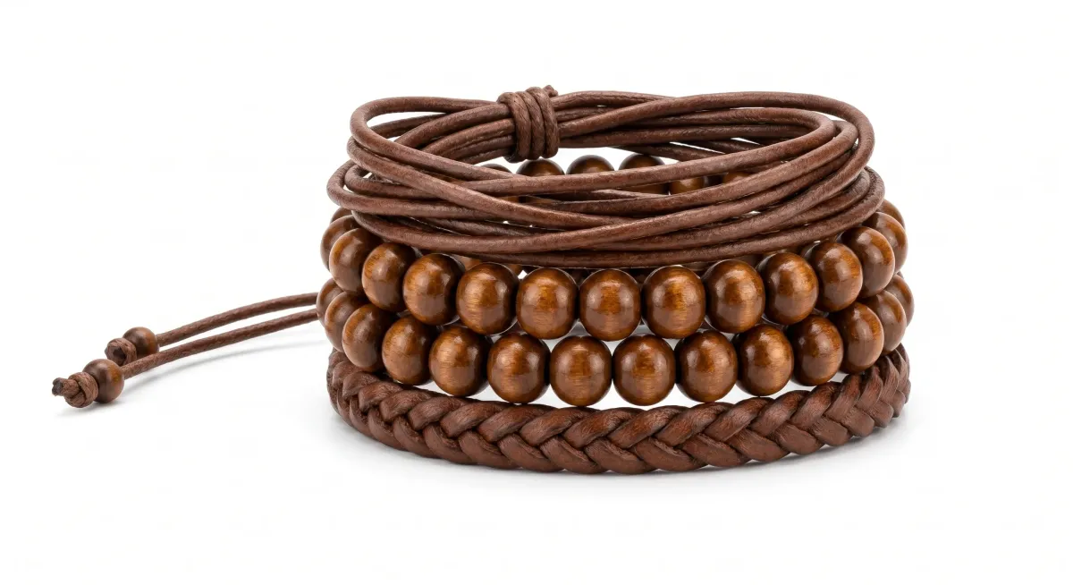 Pulseira Masc Fem Couro Madeira Corda Marrom Kit 4 Peças